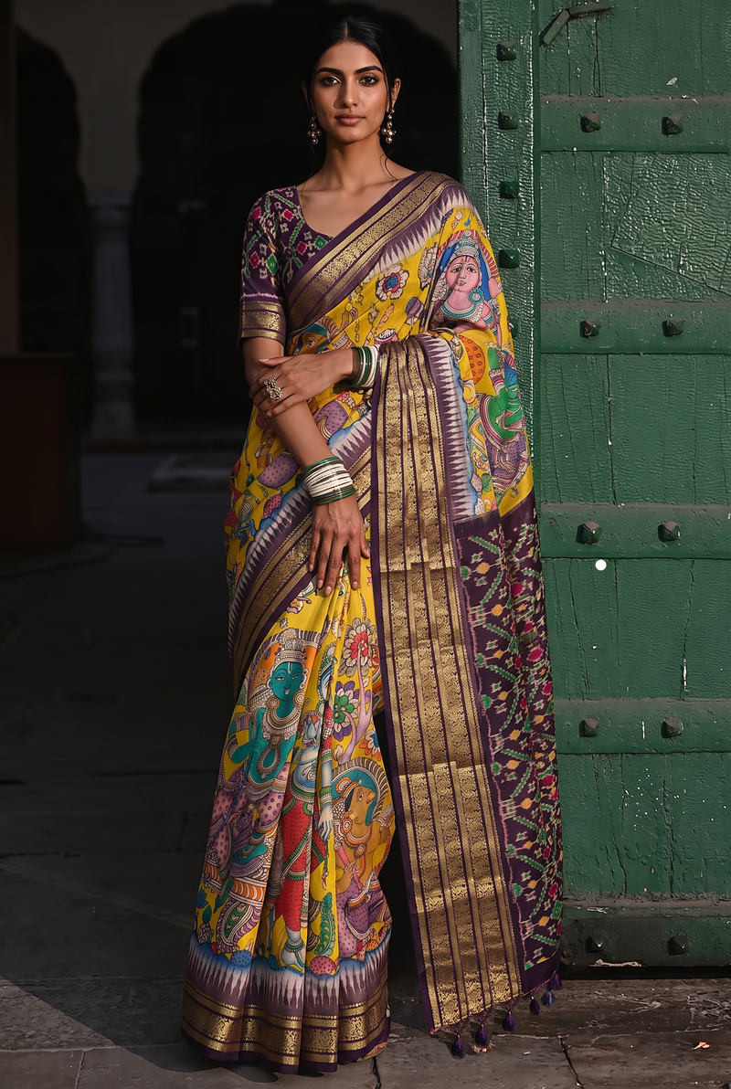 A Divine Celebration of Sri Rama Pattabhishekam in Srikalahasthi Kalamkari Ikkat Silk - Yellow With Brown