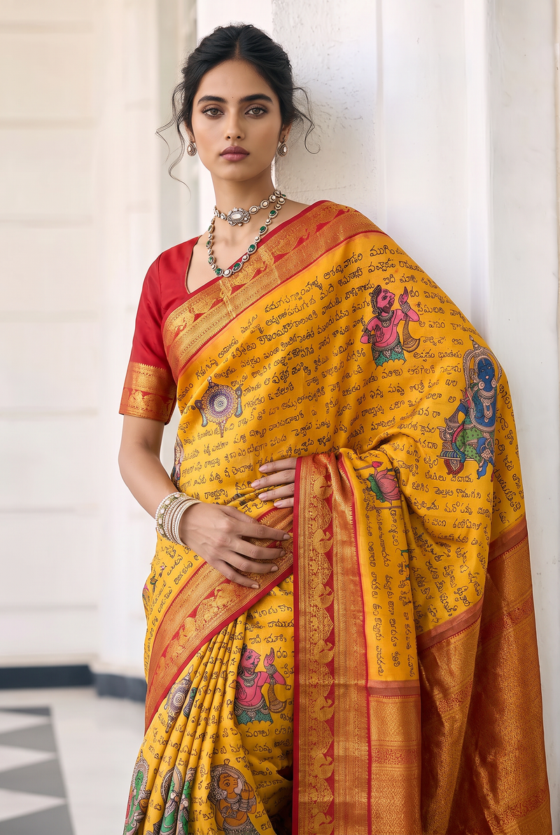 Ramayanam in Srikalahasthi Kalamkari Kanjivaram Silk - Yellow With Red