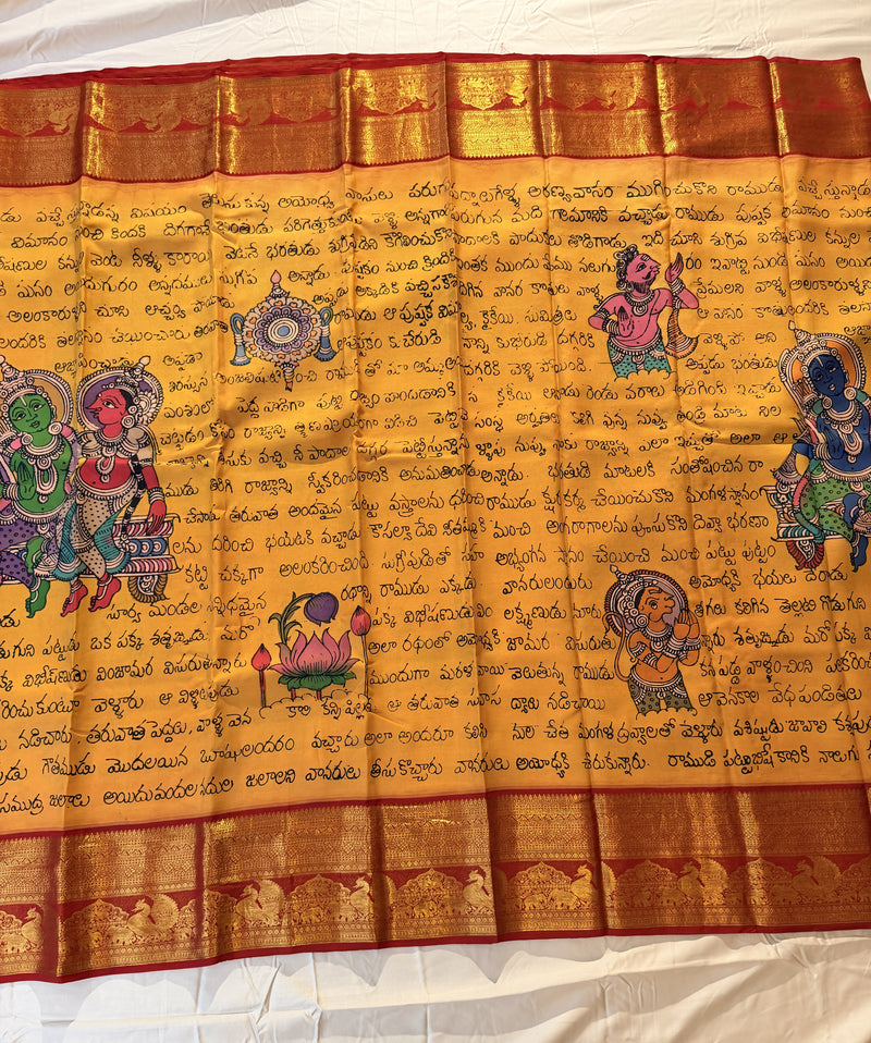 Ramayanam in Srikalahasthi Kalamkari Kanjivaram Silk - Yellow With Red