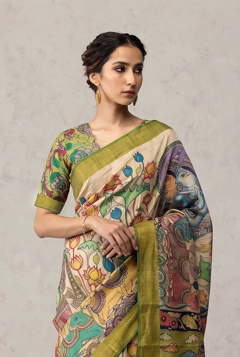 A Timeless Krishna Tale from Srikalahasthi Kalamkari On Tussar Silk- Cream Base and Olive Green