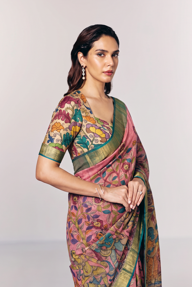 The Dancing Dolls and Floral Vine, Srikalahasti Kalamkari, Tussar Silk - Rani Pink Base