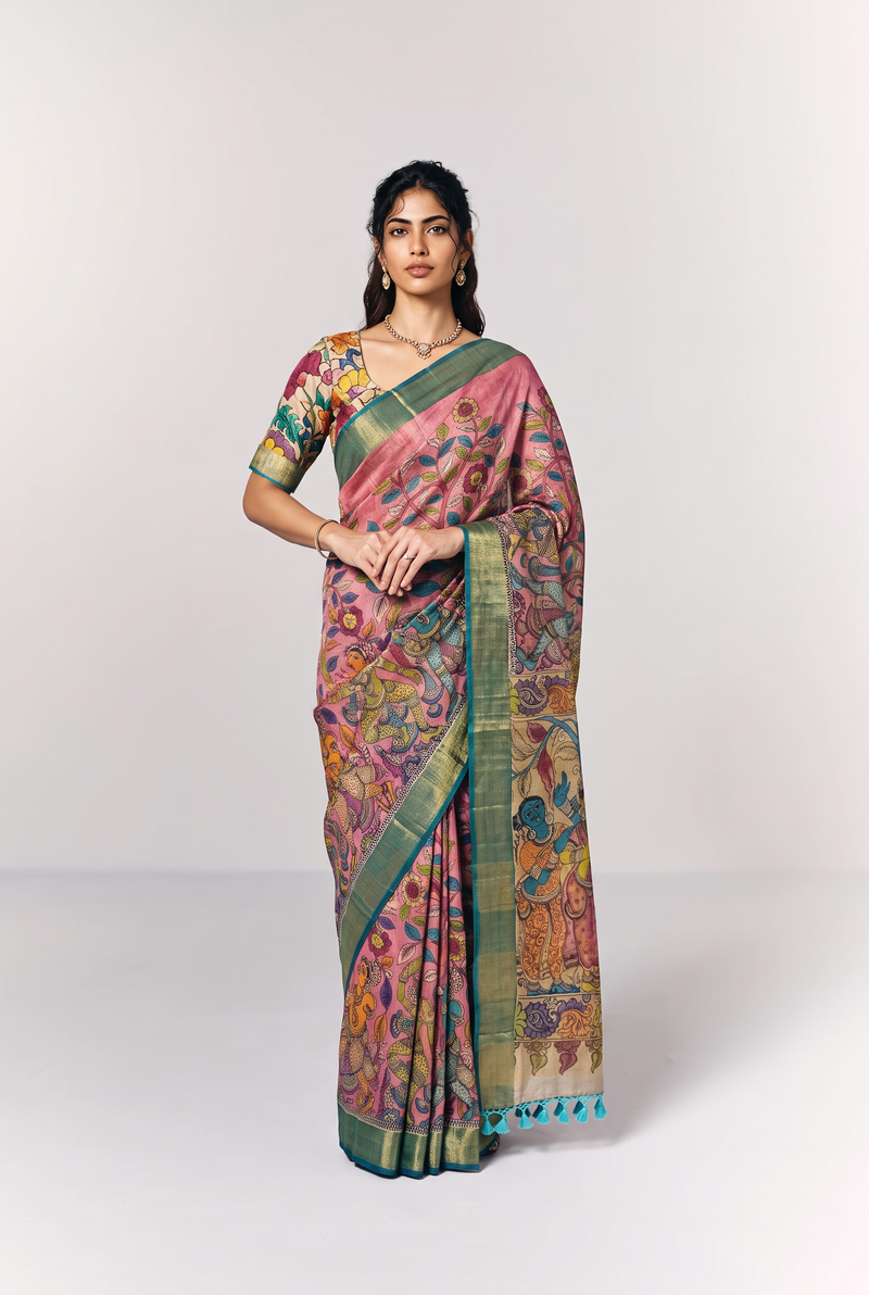 The Dancing Dolls and Floral Vine, Srikalahasti Kalamkari, Tussar Silk - Rani Pink Base