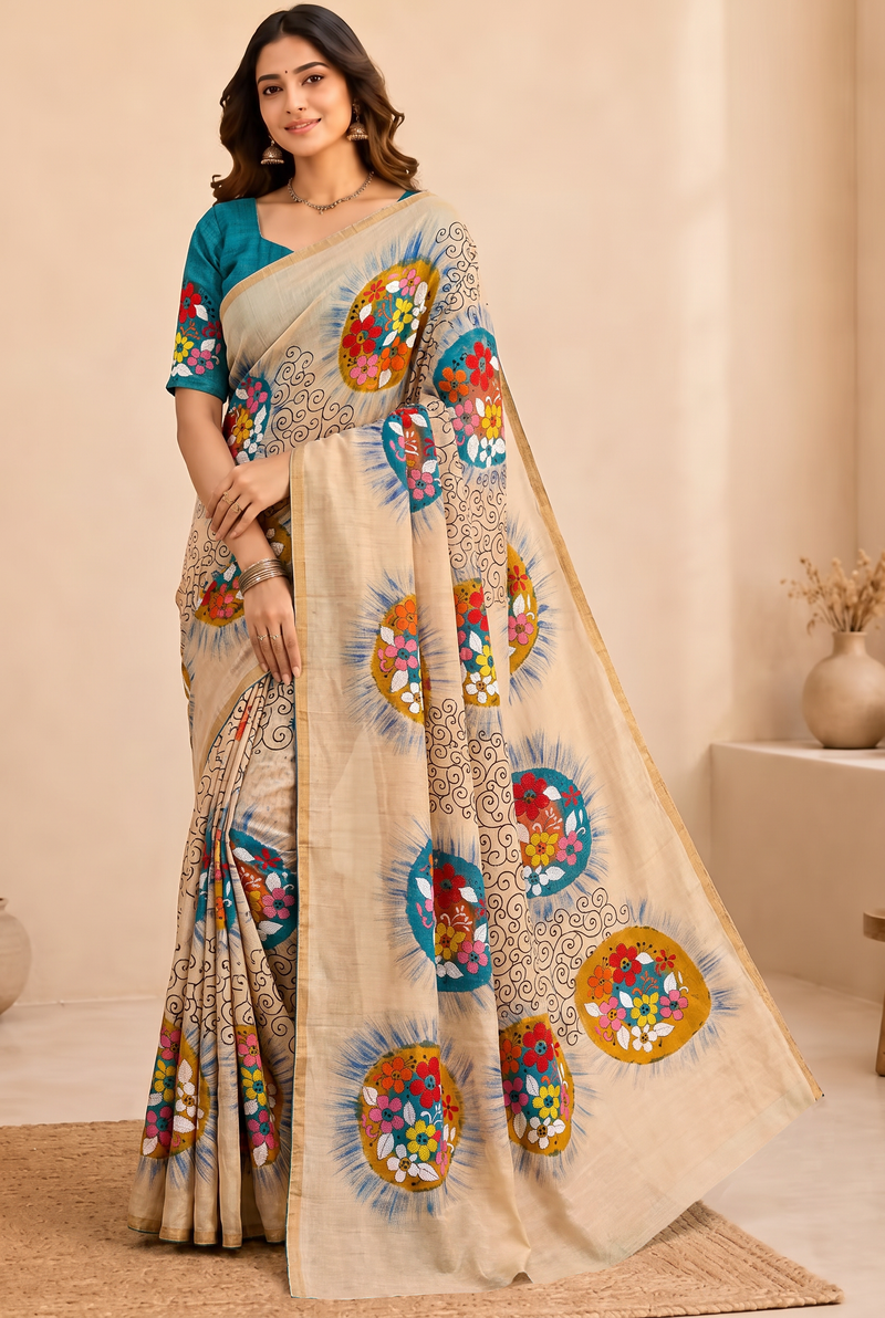 Beige checks, blooming medallions, inked scrolls. Handcrafted Kantha from Bolpur.