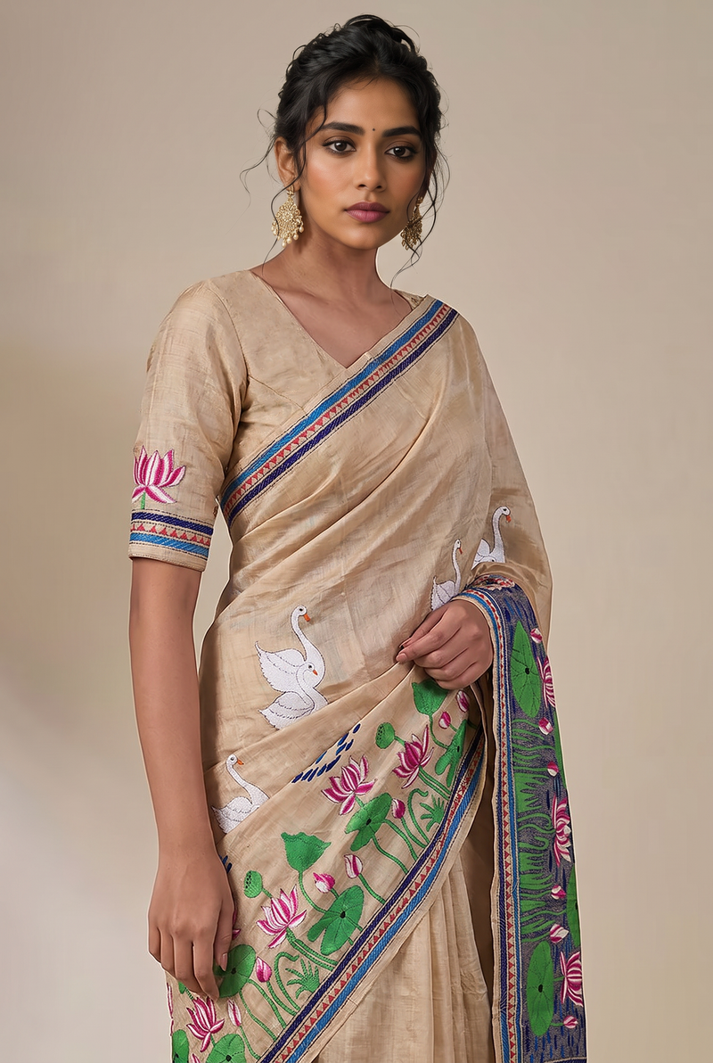 Swans, lotuses, still water. Handcrafted Kantha from Bolpur.