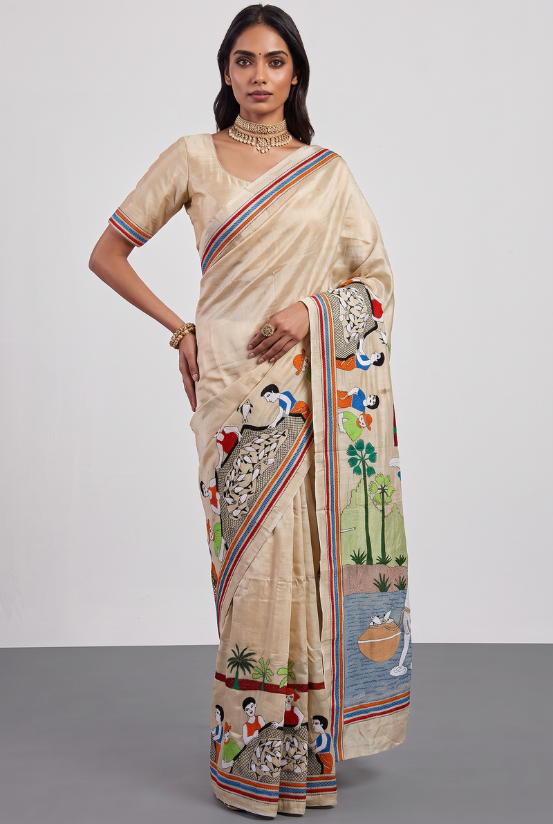 "Golpo" means story, and this one flows like a river. Hand-stitched village life on Gachi Tussar silk, from the heart of Bolpur.