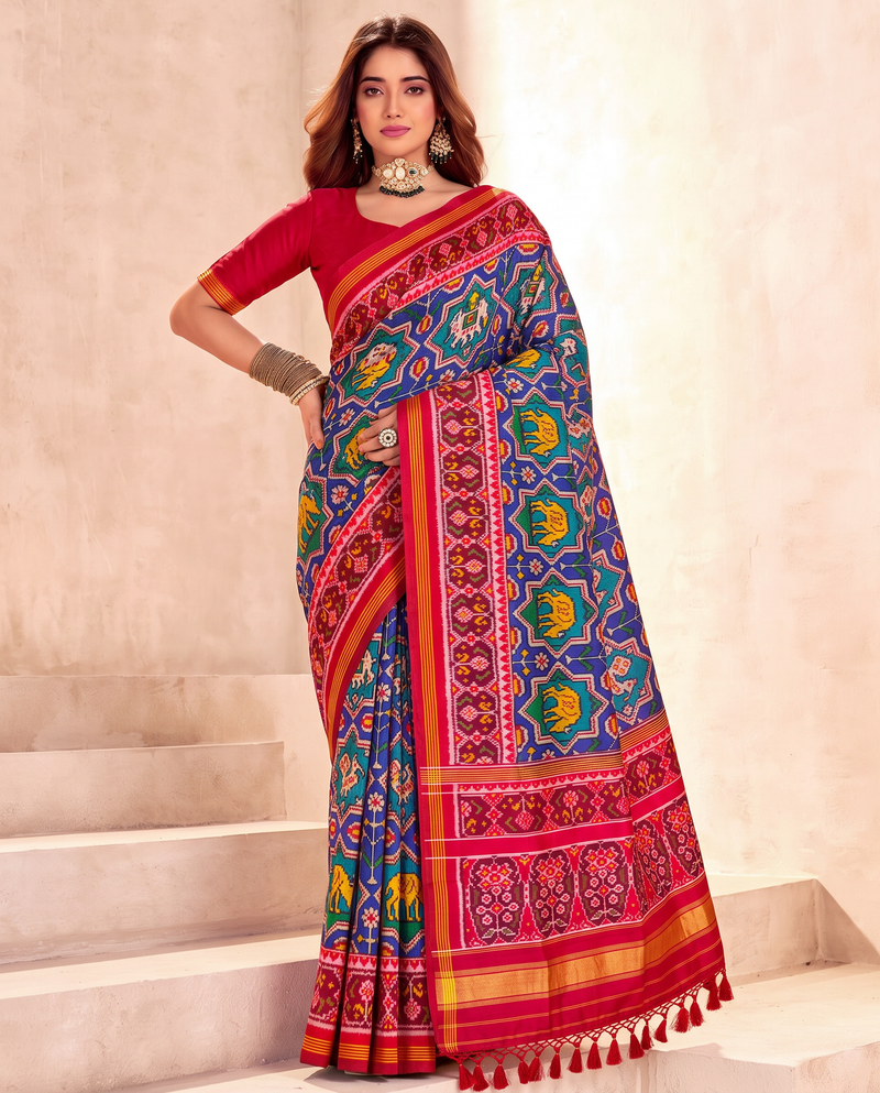 Stars and elephants, woven in royal blue. Handloom Rajkot Patola from Gujarat.