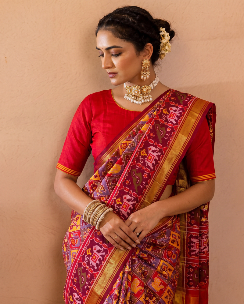 A tiny caravan, woven in colour. Handloom Rajkot Patola from Gujarat.