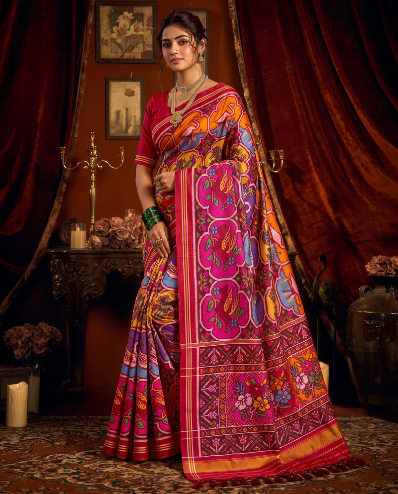 Swans drifting through four rivers of colour, held in ivory and maroon, until the silk dissolves into gold. Silk Mark certified handloom Patola from Gujarat.