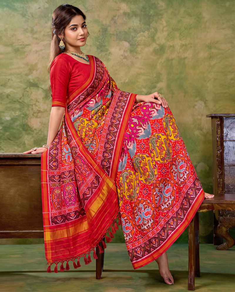 Birds in circles of colour, woven in red. Handloom Rajkot Patola from Gujarat.