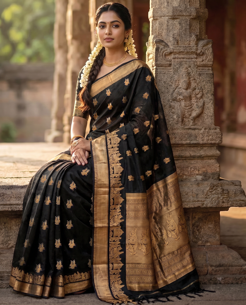 A Timeless Elegance in Jet Black & Gold – Soft-Silk Kanjivaram Handloom Silk Saree
