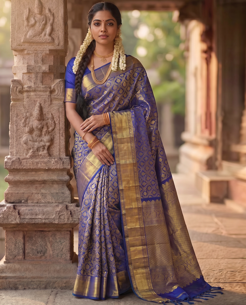 A Celestial Majesty of Zari & Silk – Royal Blue & Gold Pure Kanjivaram Handloom Silk Saree