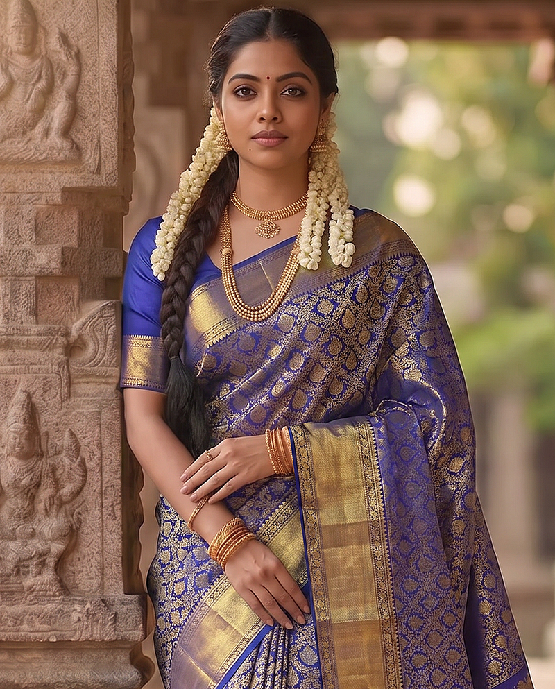 A Celestial Majesty of Zari & Silk – Royal Blue & Gold Pure Kanjivaram Handloom Silk Saree