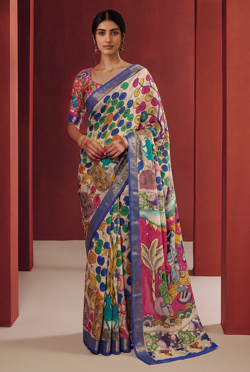 Kalahasti Kalamkari - Cream with Blue