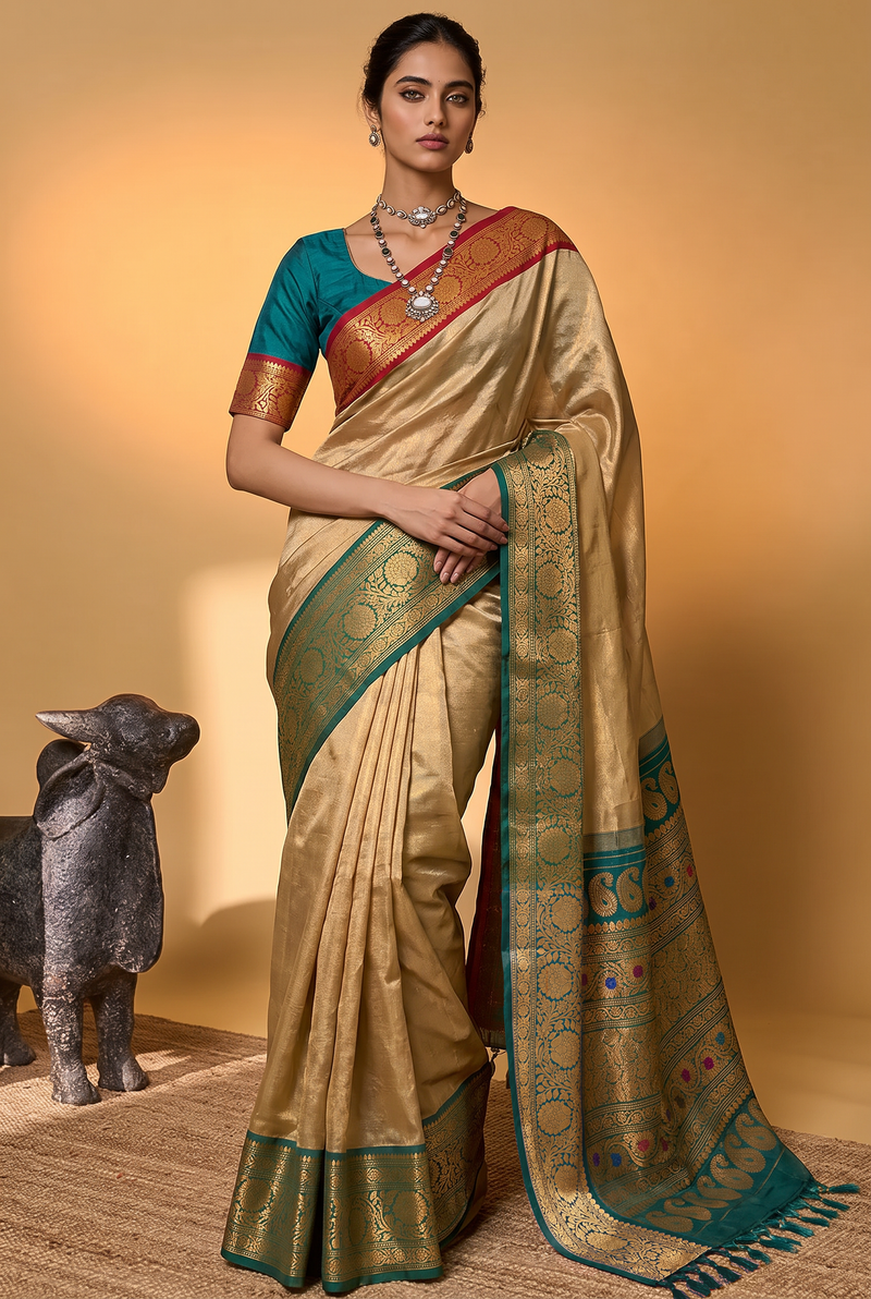 Twilight lavender, royal blue, golden paisleys. Handloom Gadwal silk.