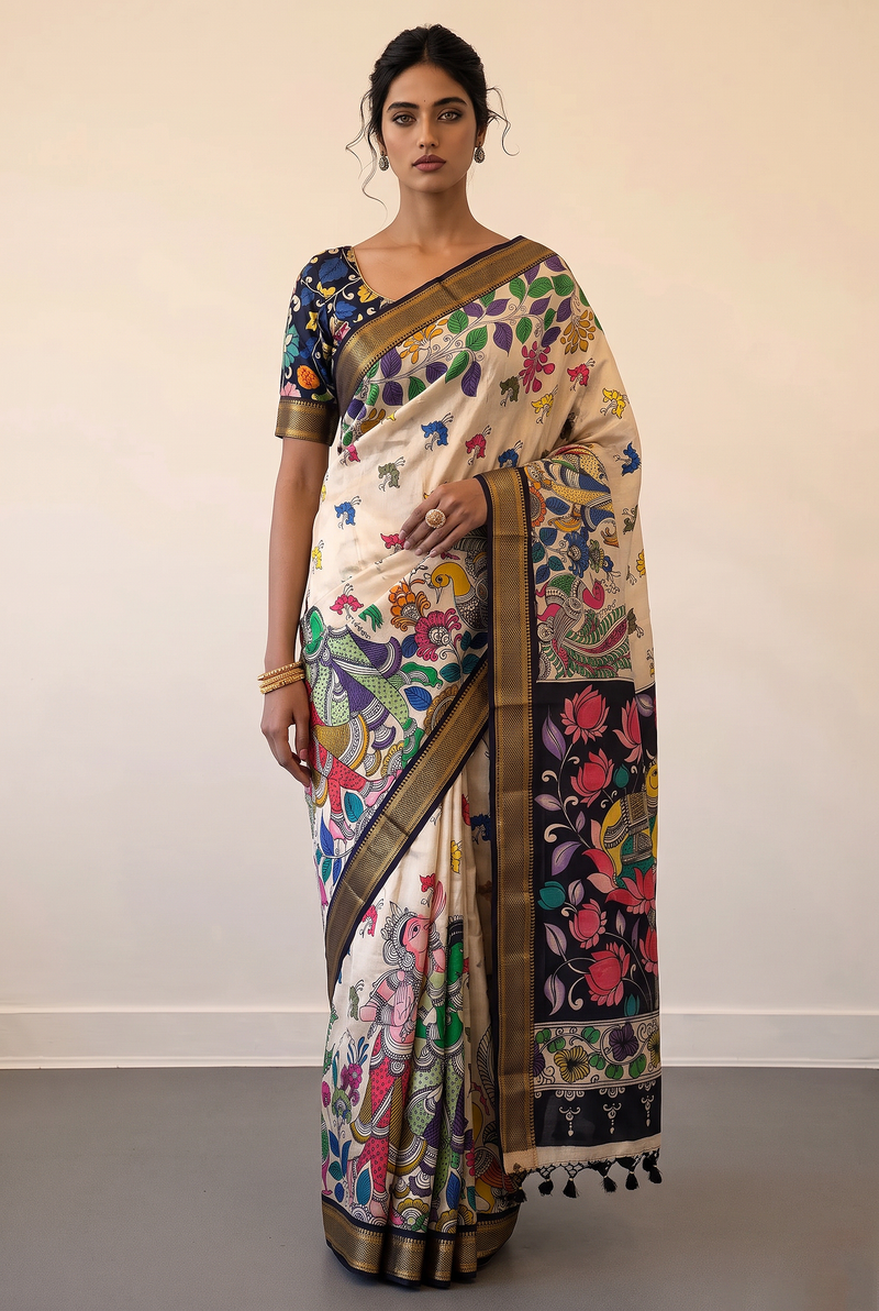 Kalahasti Kalamkari - Cream with Black