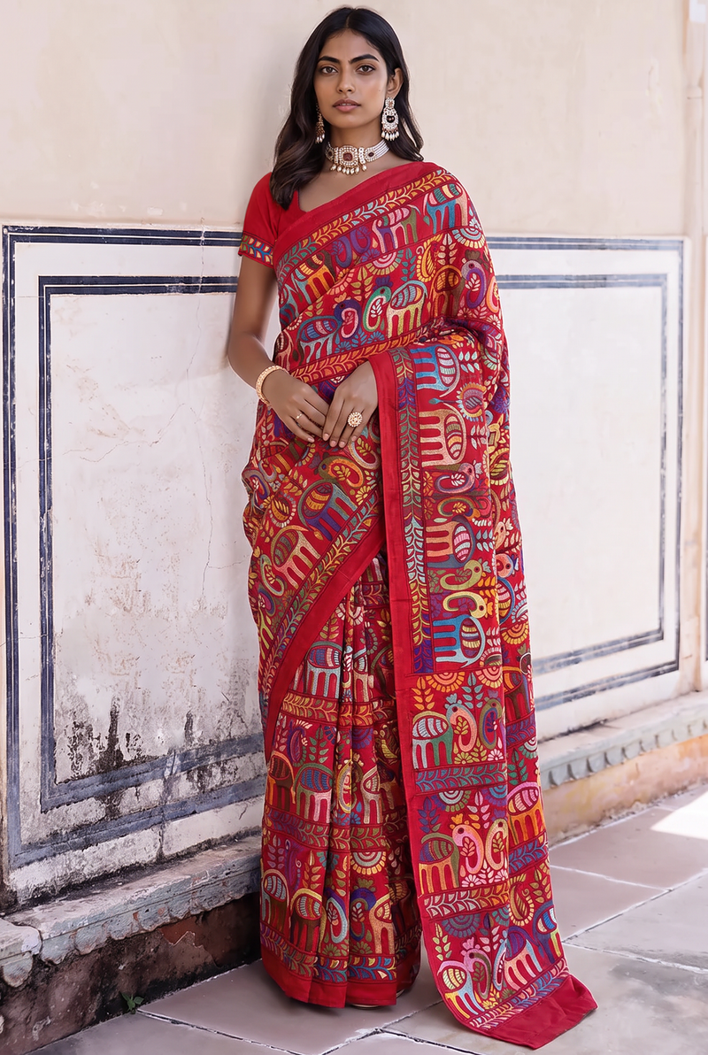 A festival stitched in silk. Elephants march, peacocks perch and paisleys blossom among winding vines, each one hand-worked in vibrant Kantha on pure Bangalore silk