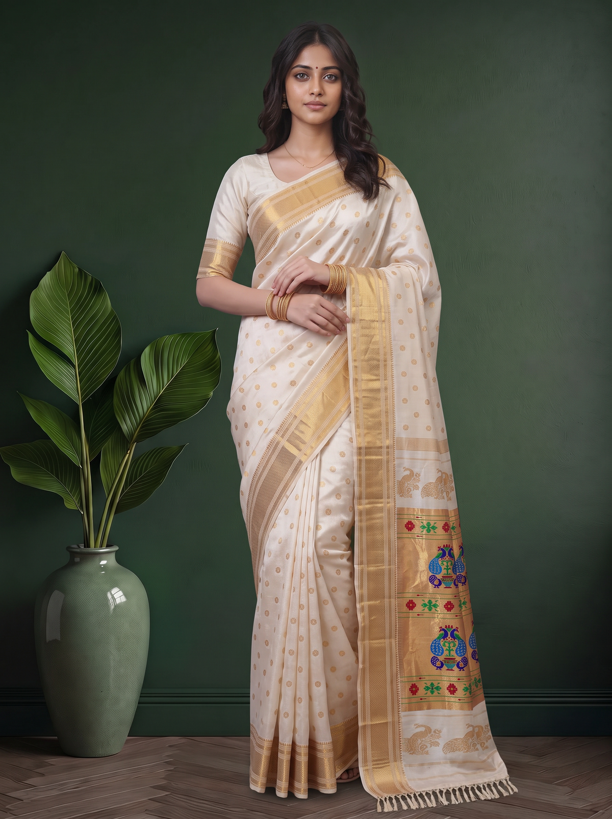 A Timeless Elegance in Ivory & Gold from Yeola – Kalanjali Paithani