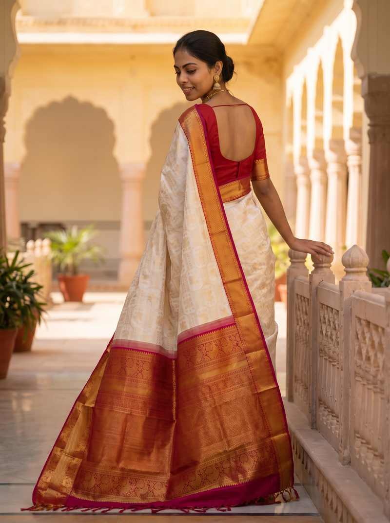 Pure Handloom Brocade Korvai Kanjibharam Silk Saree, Zari Brocade, Straight from Kanchipuram - Ivory with Red