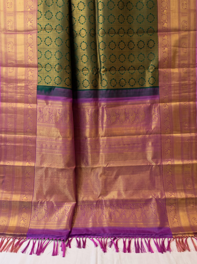 Pure Handloom Brocade Korvai Kanjibharam Silk from Kanchipuram - Green with Purple