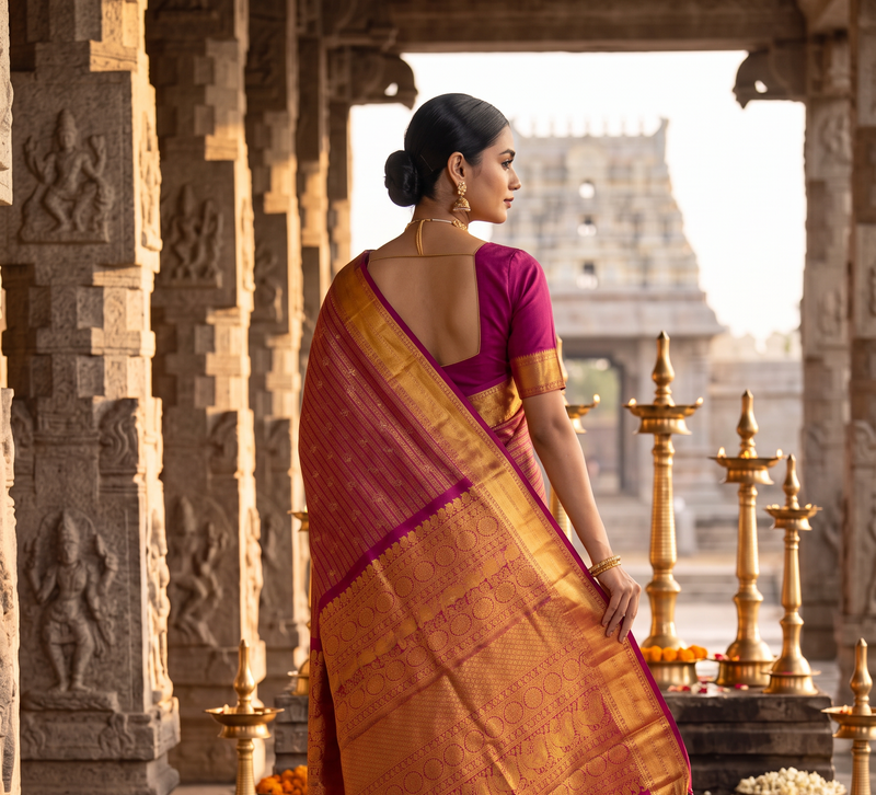 Pure Handloom Korvai Kanjivaram, Wedding Procession Border, Brocade Pallu and Body  - Maroon with Gold