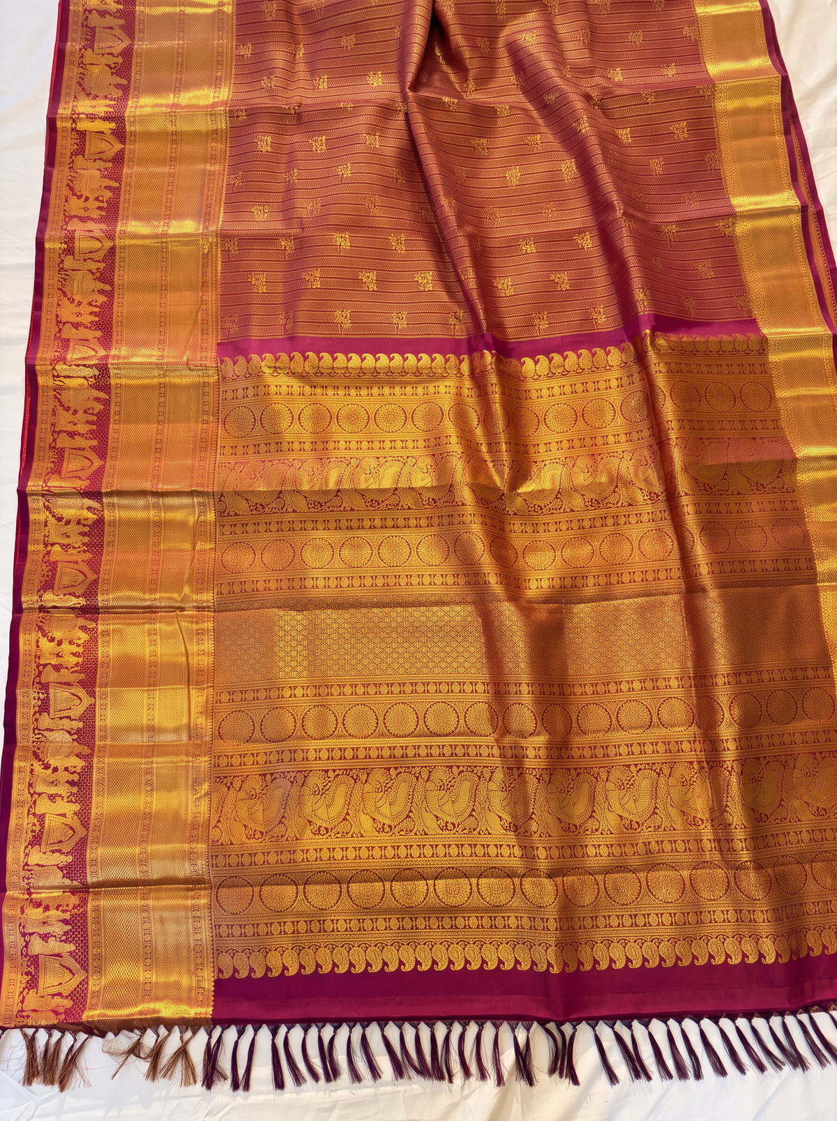 Pure Handloom Korvai Kanjivaram, Wedding Procession Border, Brocade Pallu and Body  - Maroon with Gold
