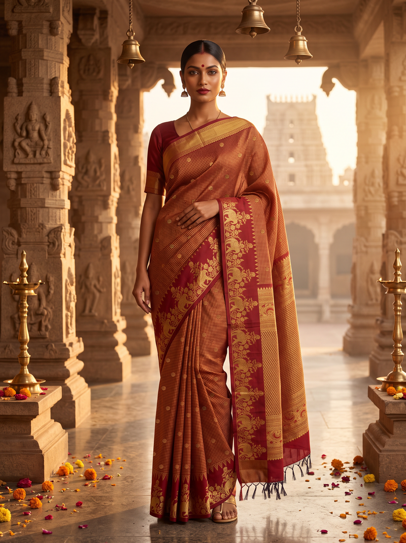 Pure Handloom Kanjivaram Silk, Elephant Motif Border, Gold Zari Grid checks, Straight from Kanchipuram - Maroon with Gold