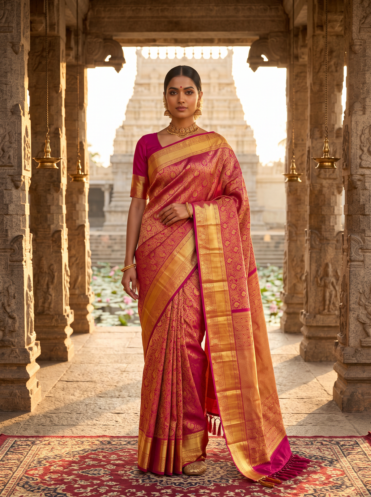 Pure Handloom Kanjivaram Silk, All-Over Brocade,  Straight from Kanchipuram - Maroon with Gold
