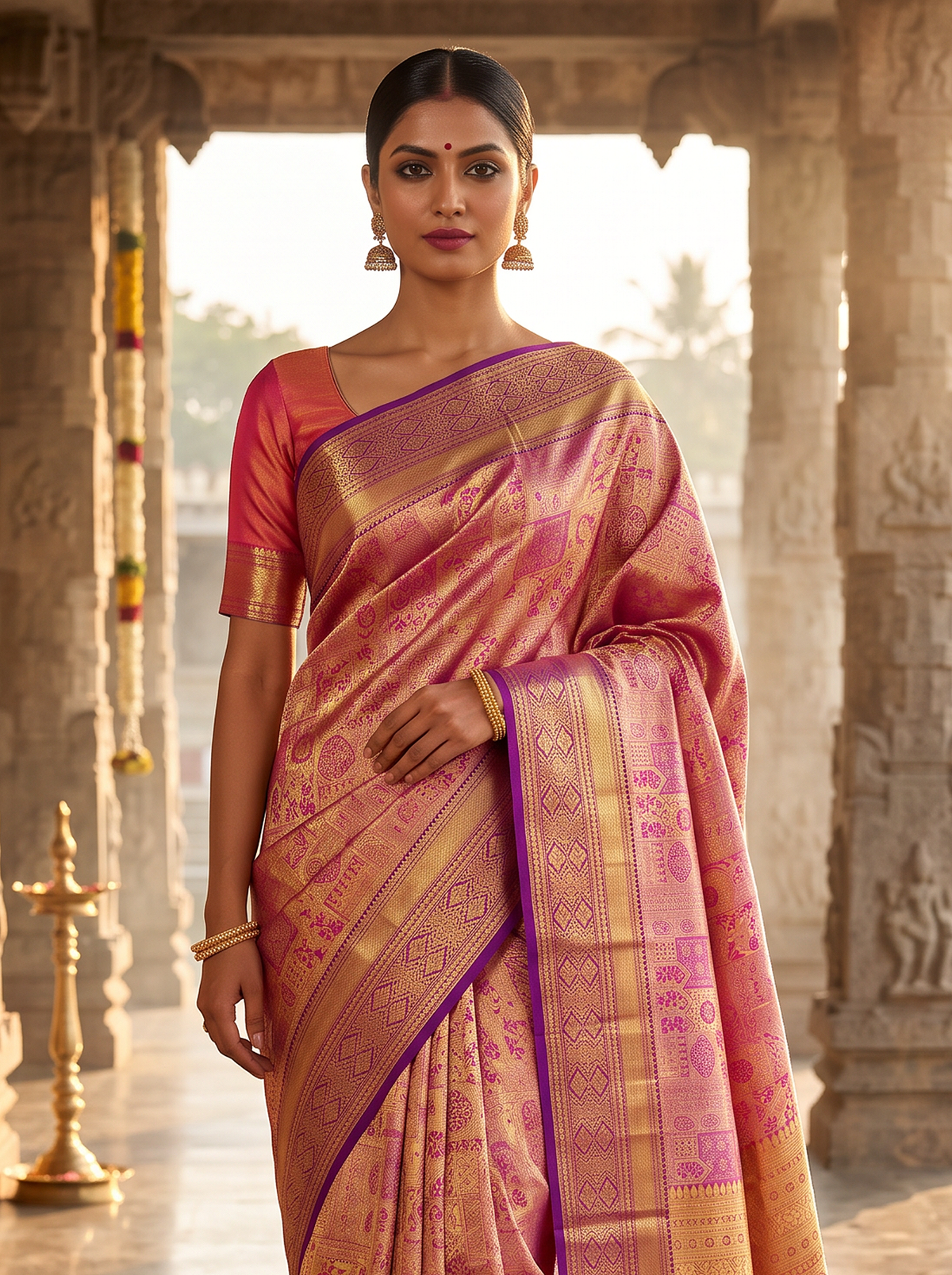 Pure Handloom Kanjivaram Silk, All-over Golden Zari Brocade, Straight from Kanchipuram - Magenta