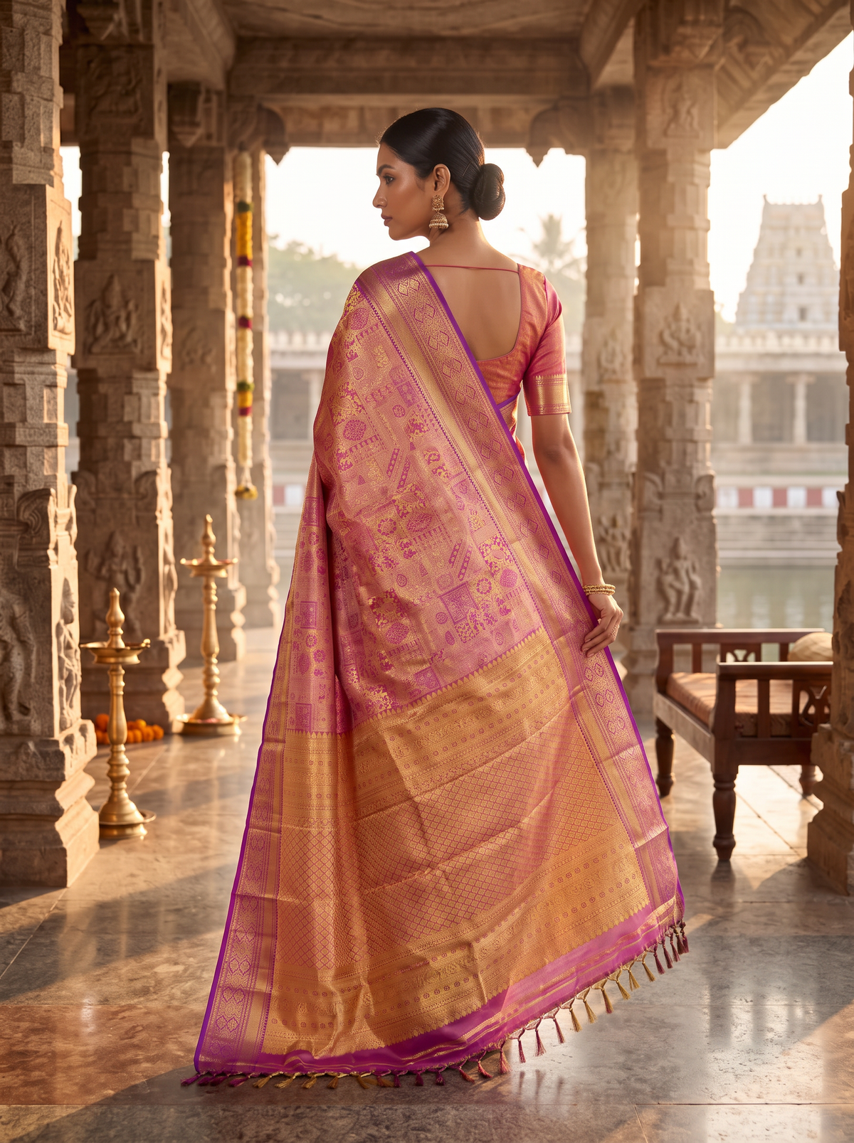 Pure Handloom Kanjivaram Silk, All-over Golden Zari Brocade, Straight from Kanchipuram - Magenta