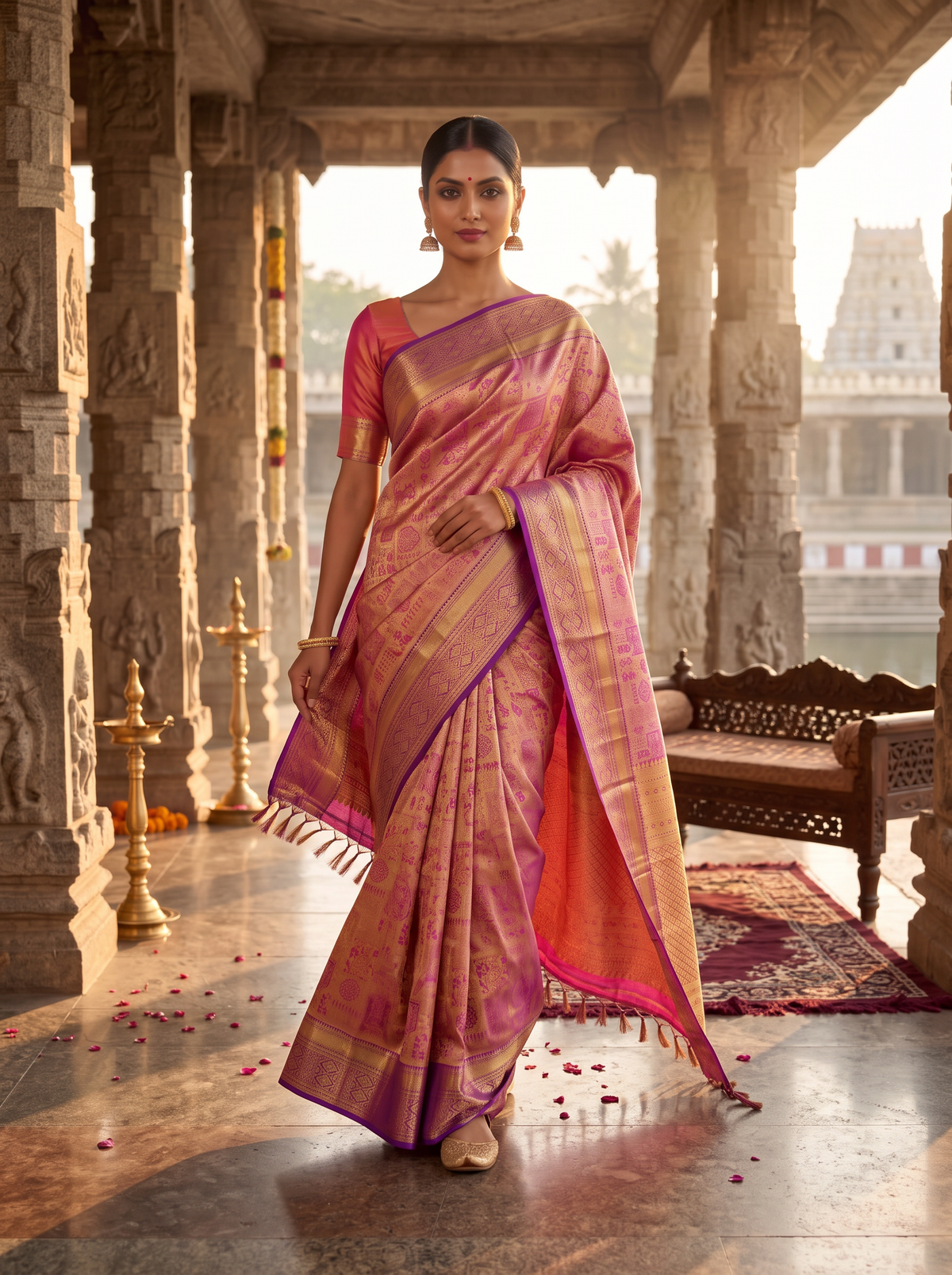 Pure Handloom Kanjivaram Silk, All-over Golden Zari Brocade, Straight from Kanchipuram - Magenta