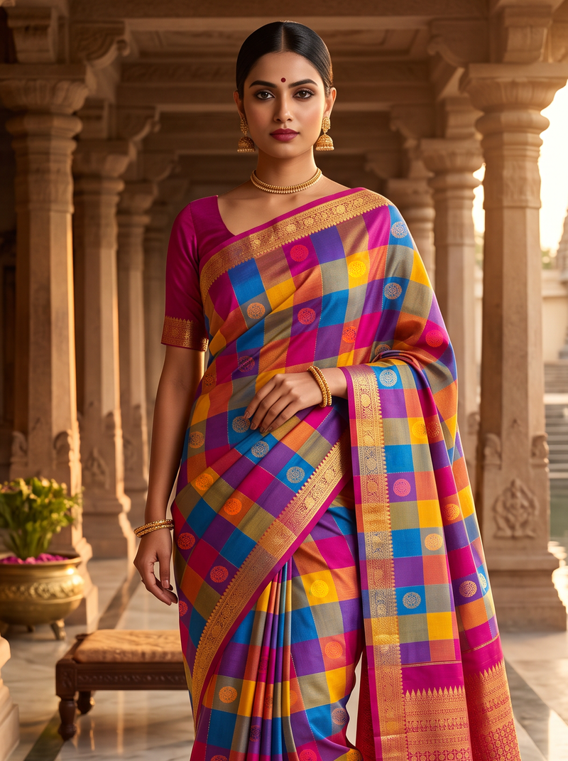 A Vibrant Tapestry of Checks & Tradition – Multicolour Checked Pure Korvai Kanjivaram Handloom Silk Saree with Coin Brocade