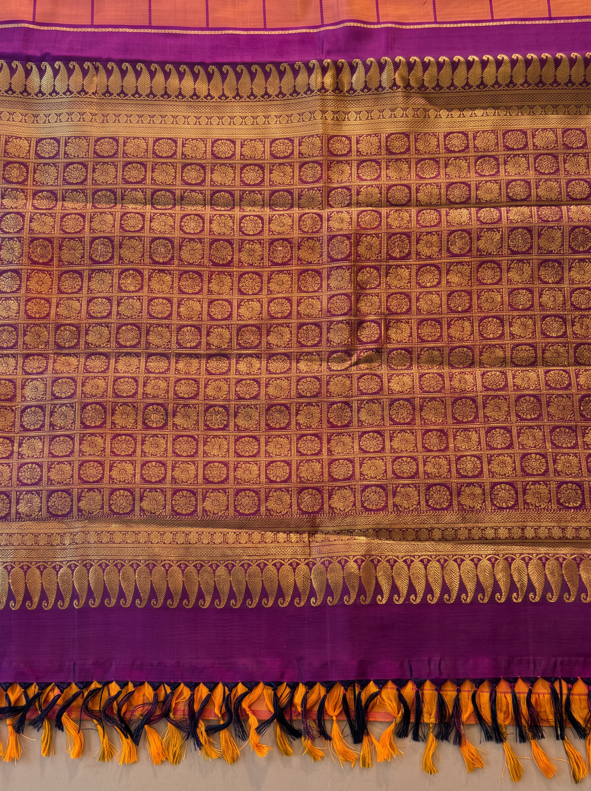A Regal Celebration of Coins & Peacocks Motif – Pure Handloom Korvai Kanjivaram Silk