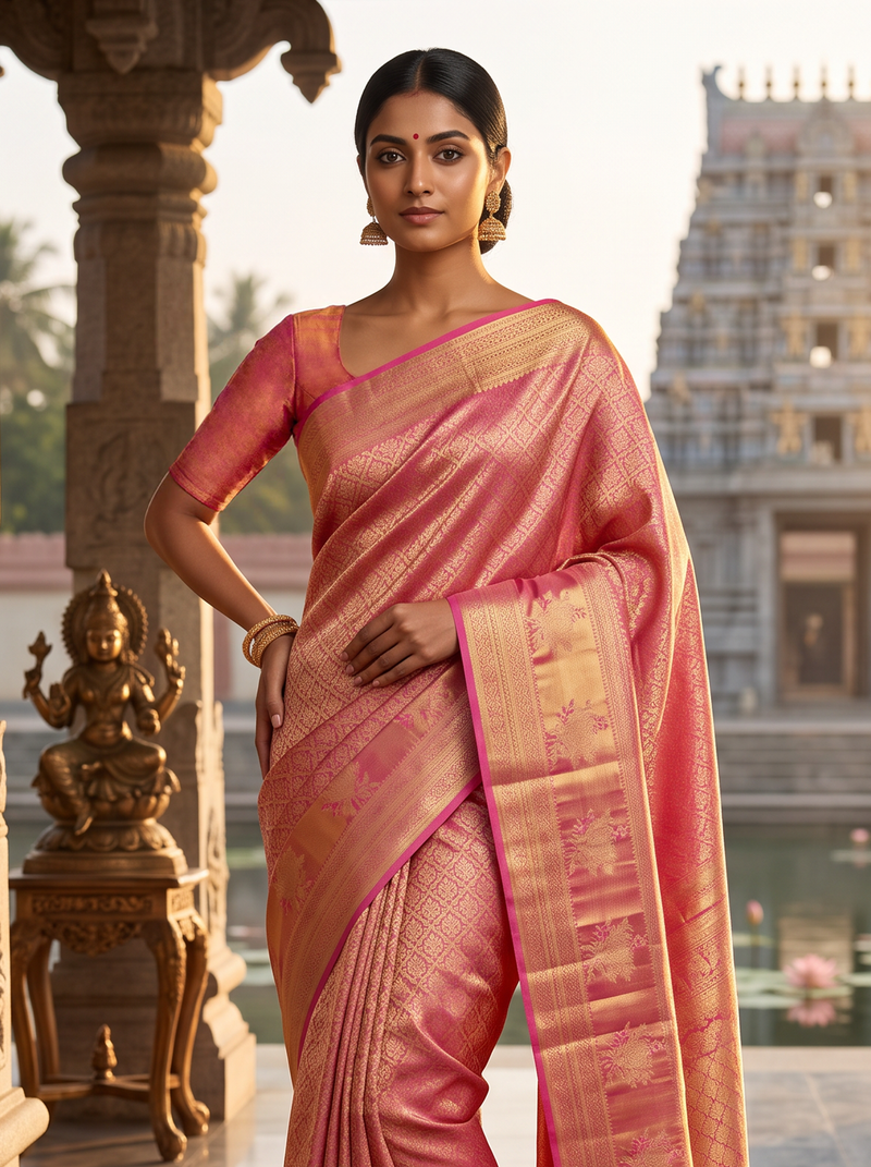Pure Handloom Kanjivaram Silk, Golden Zari Brocade, Straight from Kanjivaram - Pink with Gold