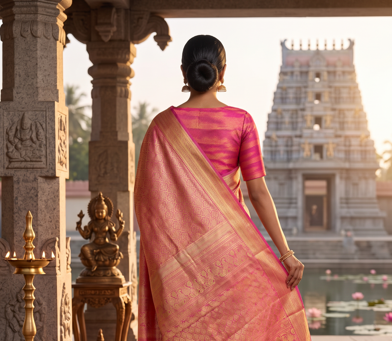 Pure Handloom Kanjivaram Silk, Golden Zari Brocade, Straight from Kanjivaram - Pink with Gold