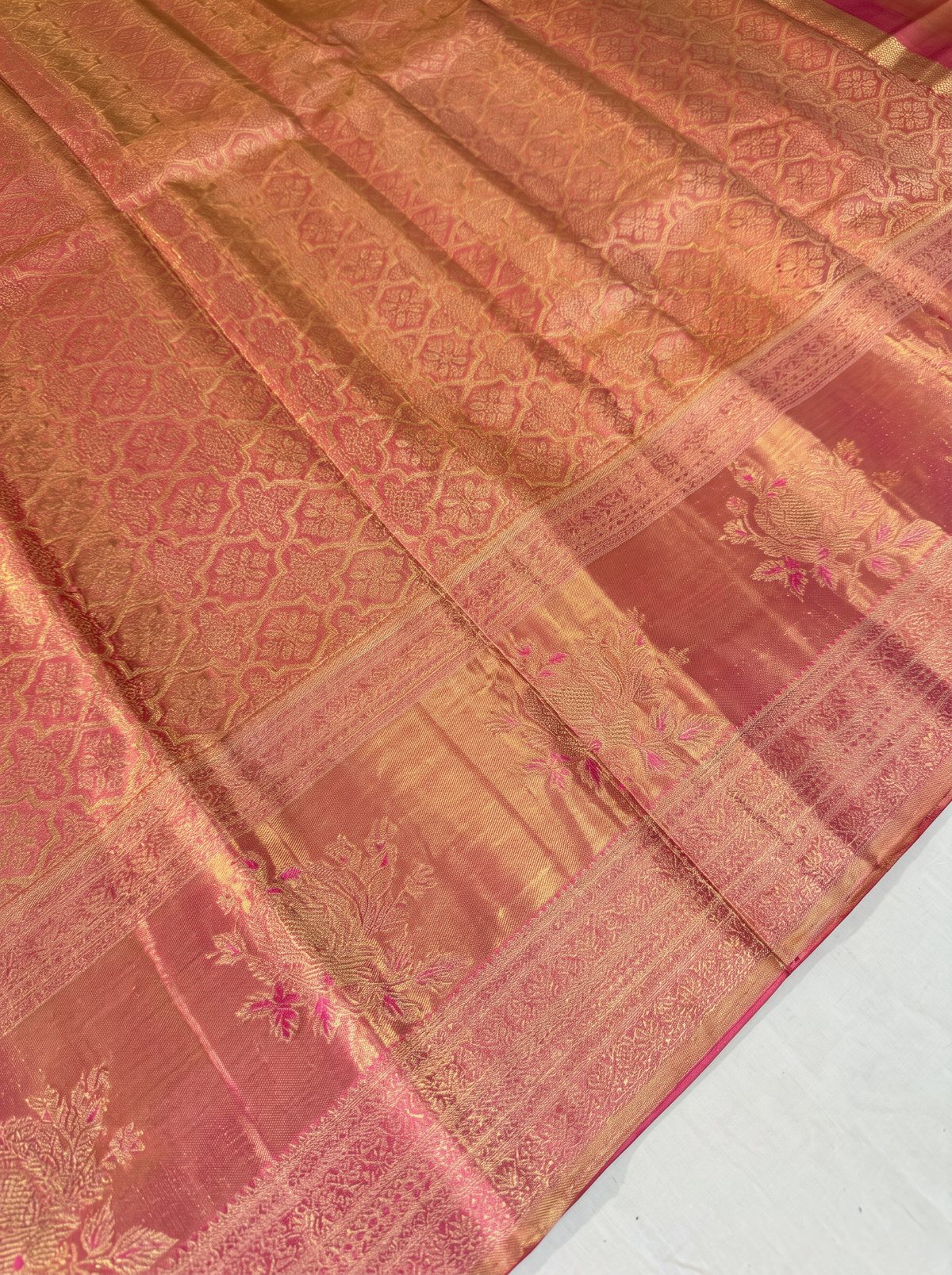 Pure Handloom Kanjivaram Silk, Golden Zari Brocade, Straight from Kanjivaram - Pink with Gold