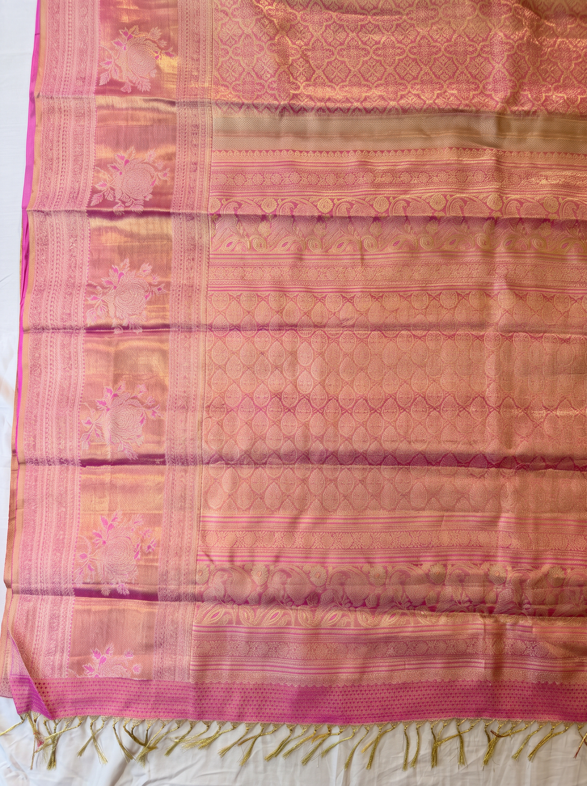Pure Handloom Kanjivaram Silk, Golden Zari Brocade, Straight from Kanjivaram - Pink with Gold