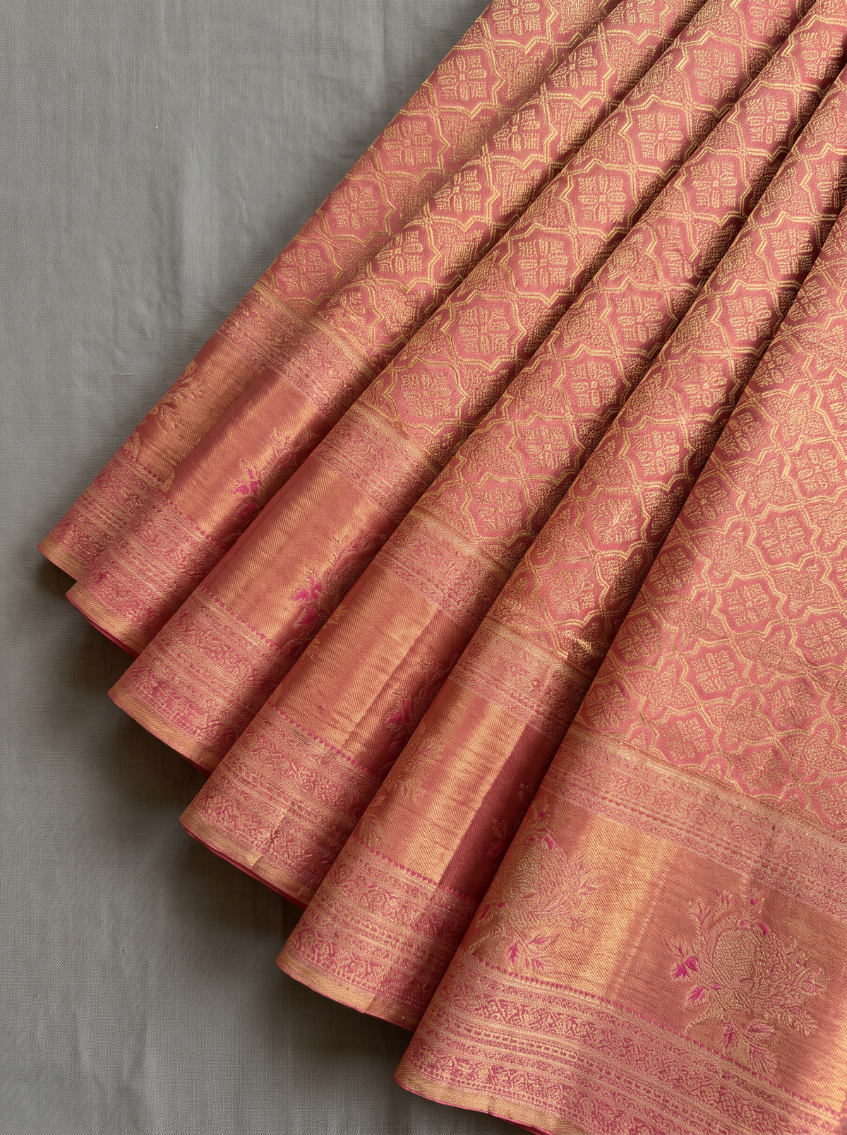 Pure Handloom Kanjivaram Silk, Golden Zari Brocade, Straight from Kanjivaram - Pink with Gold