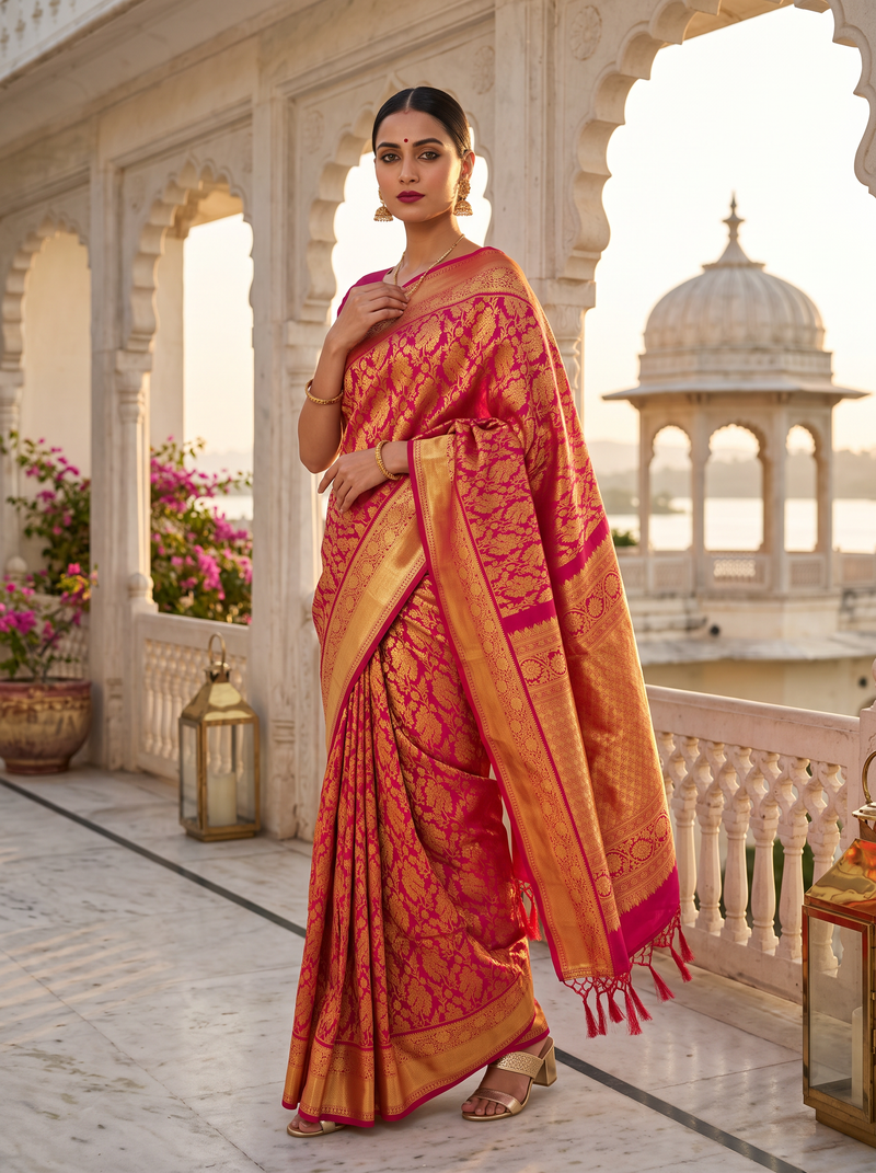 Pure Kanjivaram Handloom Silk Saree, Brocade, Straight from Kanchipuram - Deep Magenta Pink