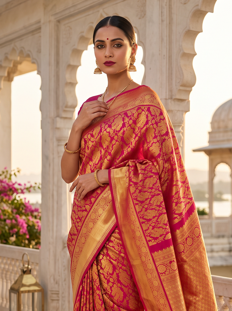 Pure Kanjivaram Handloom Silk Saree, Brocade, Straight from Kanchipuram - Deep Magenta Pink