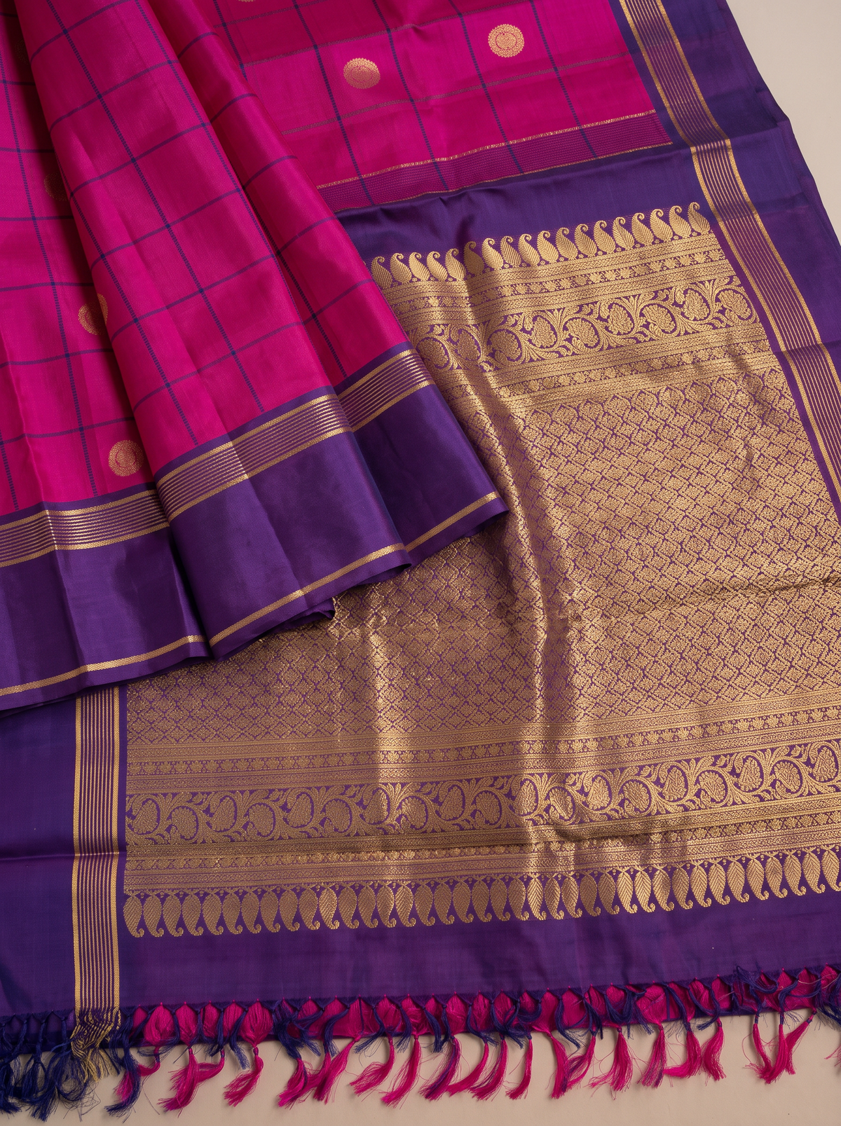 A Whimsy of Checks & Peacock Coins – Pink & Purple Pure Korvai Kanjivaram Handloom Silk Saree