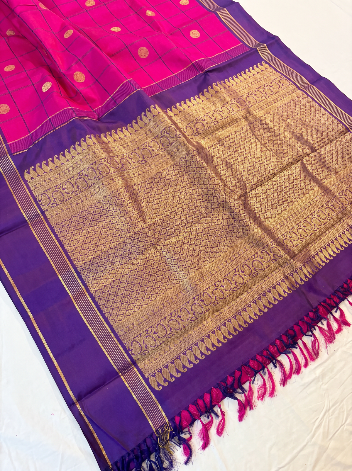 A Whimsy of Checks & Peacock Coins – Pink & Purple Pure Korvai Kanjivaram Handloom Silk Saree