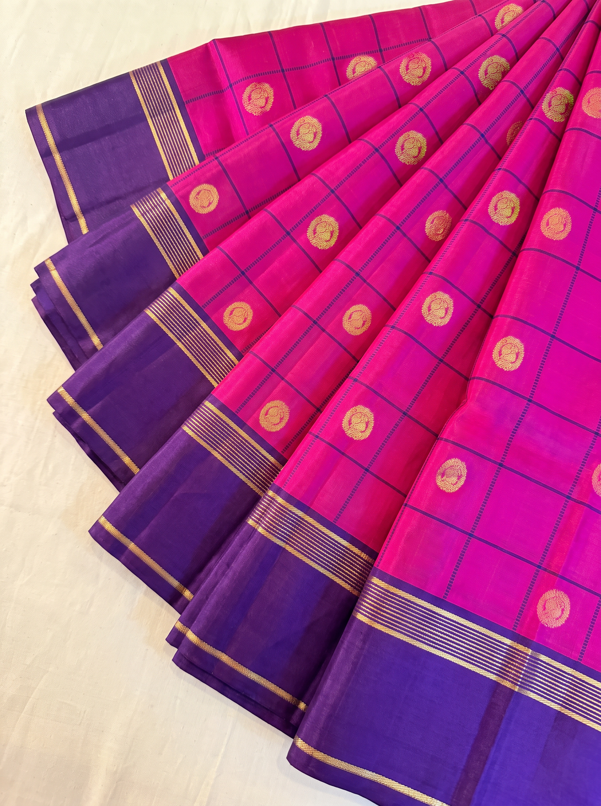 A Whimsy of Checks & Peacock Coins – Pink & Purple Pure Korvai Kanjivaram Handloom Silk Saree