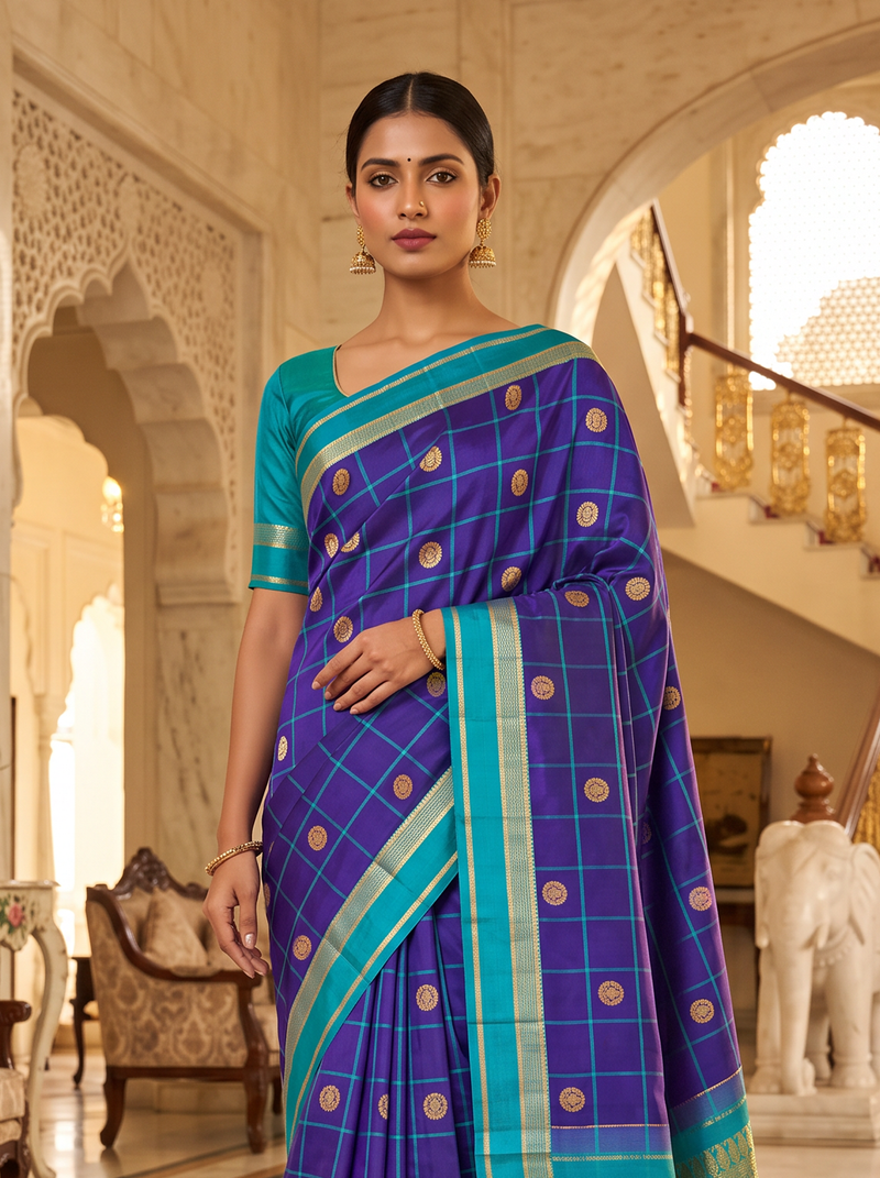 A Jewel-Toned Dance of Checks & Peacock Coins – Royal Blue & Turquoise Pure Korvai Kanjivaram Handloom Silk Saree