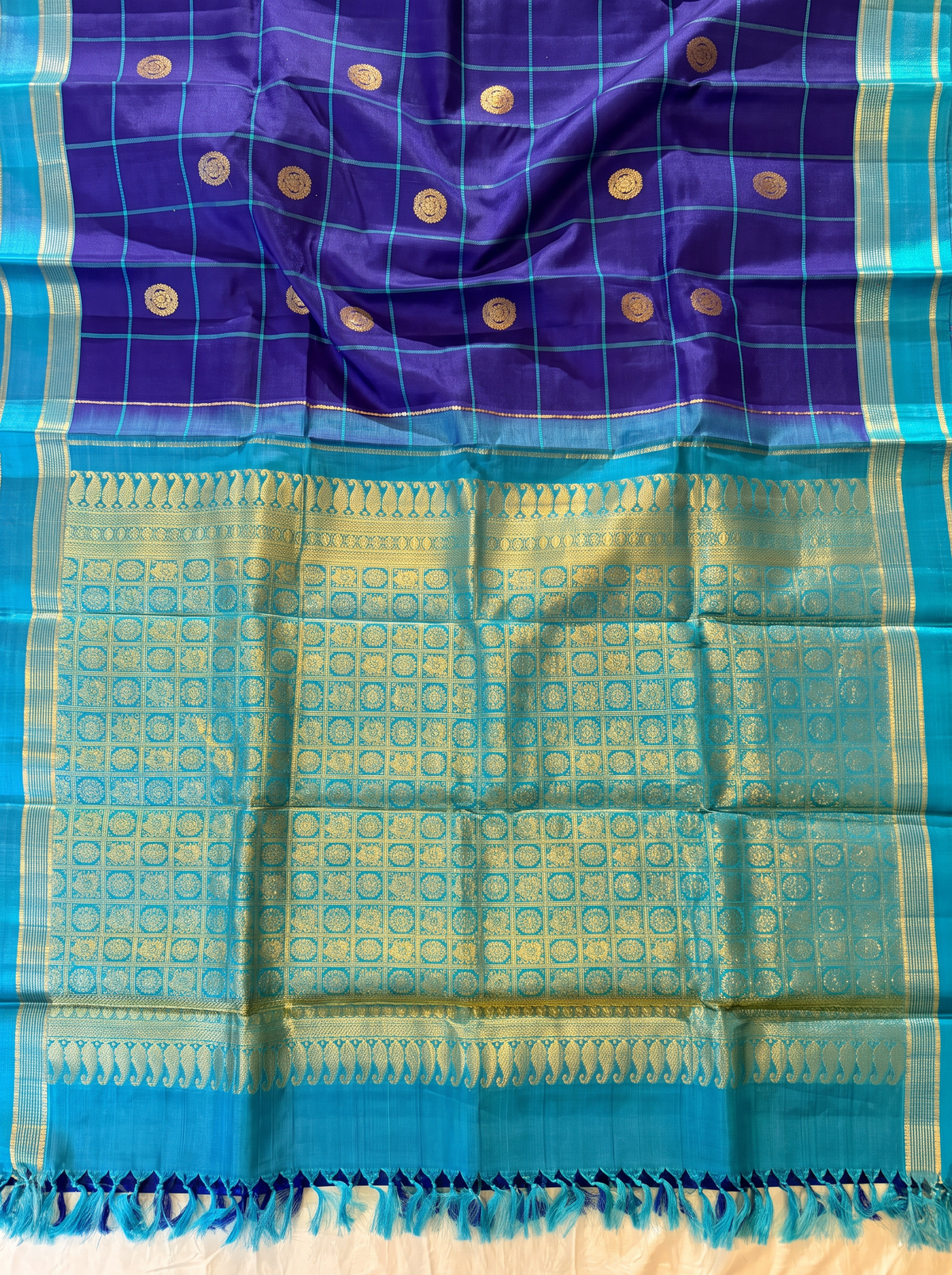 A Jewel-Toned Dance of Checks & Peacock Coins – Royal Blue & Turquoise Pure Korvai Kanjivaram Handloom Silk Saree