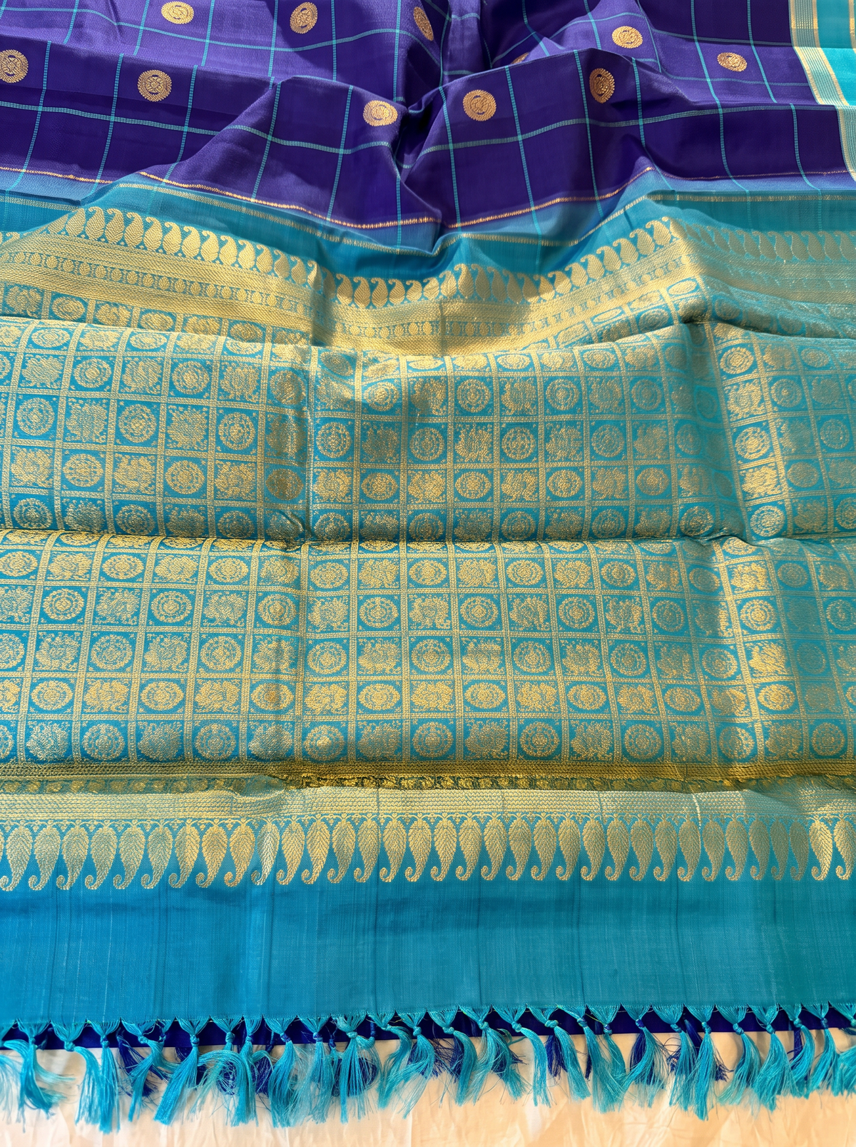 A Jewel-Toned Dance of Checks & Peacock Coins – Royal Blue & Turquoise Pure Korvai Kanjivaram Handloom Silk Saree