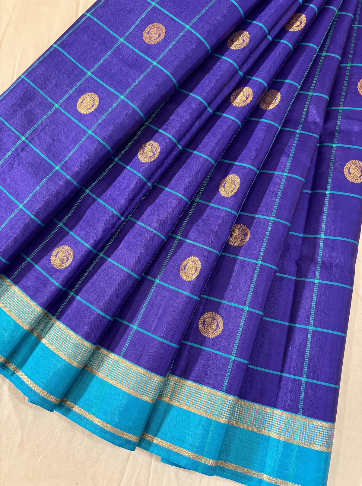 A Jewel-Toned Dance of Checks & Peacock Coins – Royal Blue & Turquoise Pure Korvai Kanjivaram Handloom Silk Saree
