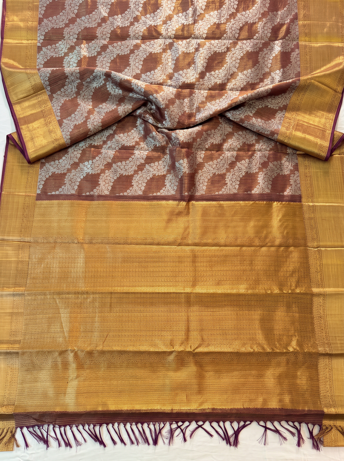 Pure Handloom Korvai Kanjivaram Tissue Silk, Zari Lehriya Brocade - Brown & Gold