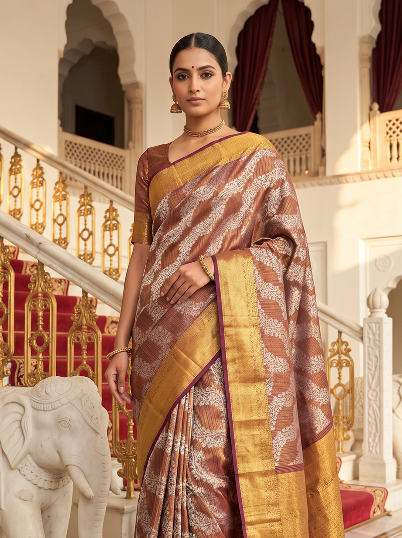 Pure Handloom Korvai Kanjivaram Tissue Silk, Zari Lehriya Brocade - Brown & Gold