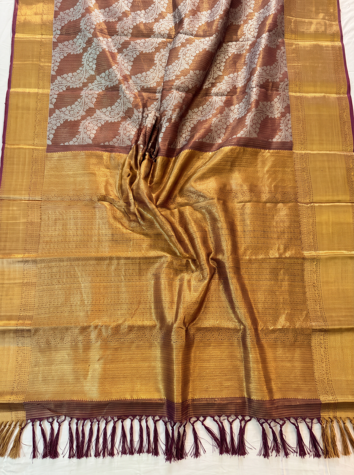 Pure Handloom Korvai Kanjivaram Tissue Silk, Zari Lehriya Brocade - Brown & Gold