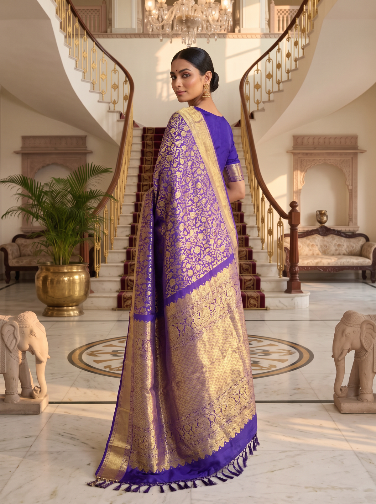 Pure Handloom Kanjivaram, Floral Brocade, Straight from Kanjivaram - Purple with Gold